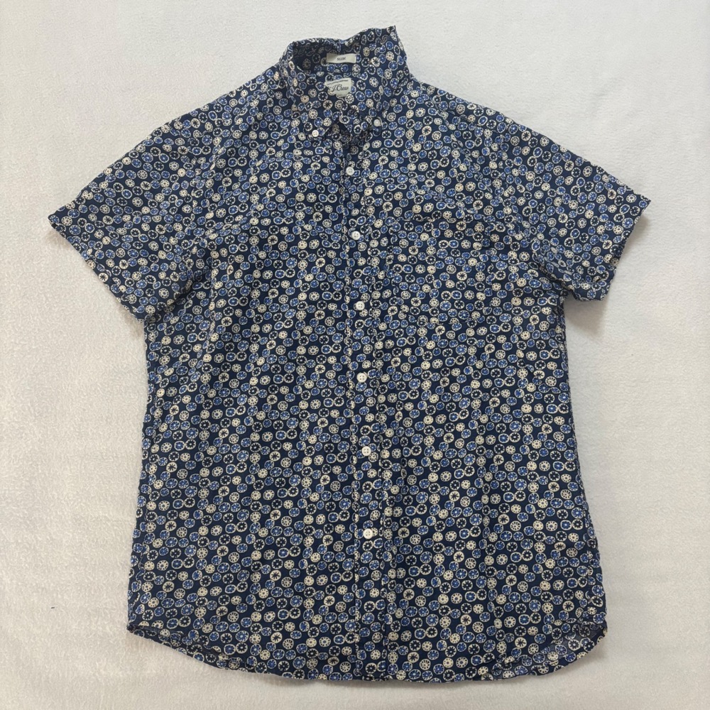 J.Crew Slim Fit Short Sleeve Button Down Shirt Blue Medallion Print Mens Small
